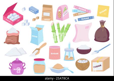 Sugar Mega-Set in flachem Design. Bündelelemente von Würfeln in Box, süßem Sand in Packungen, braunem Rohrgranulat, Zuckerrohr, Schaufeln und Schüsseln, Sonstiges. Vektorillustration isolierte Grafikobjekte Stock Vektor