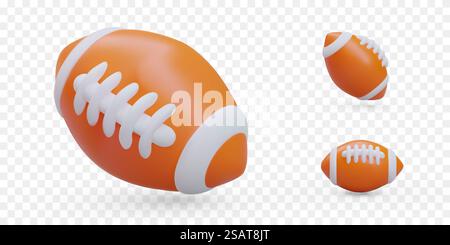 Satz 3D-Rugby-Bälle. Lederaccessoire für American Football. Isolierte Illustrationen. Symbole für Sportseiten, Anwendungen, Spiele. Teamsportwettbewerbe. Satz 3D-Rugby-Bälle. Lederaccessoire für American Football Stock Vektor