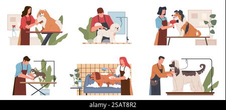 Haustierservice. Groomer mit verschiedenen Rassen Hunden, Tiere Friseurarbeiter, Baden und Föhnen Szenen, professionelle Schönheit und Hygiene für Welpen, heute Vektor Cartoon flache Stil isoliert Set. Haustierservice. Groomer mit verschiedenen Rassen Hunde, Tiere Friseur Arbeiter, Baden und Föhnen Szenen, professionelle Schönheit und Hygiene für Welpen, heute Vektor Cartoon Flat Set Stock Vektor