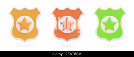 Eine Reihe von Polizeizeichen in verschiedenen Farben. Gelbes, orangefarbenes und grünes Polizeiabzeichen. Spielmarkierung von Einheiten. Isolierte Vektorbilder, Symbole. Webdesign. Eine Reihe von Polizeizeichen in verschiedenen Farben. Gelbes, orangefarbenes und grünes Polizeiabzeichen Stock Vektor