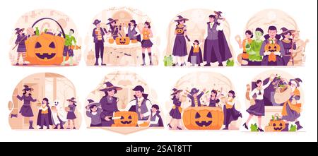 Mega Illustration Set von Halloween. Glückliche Menschen kleiden sich in verschiedenen Halloween-Kostümen, um Halloween zu feiern. Halloween Party und Trick or Treat Konzept Stock Vektor
