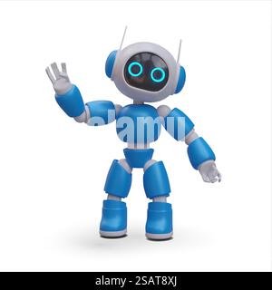 Realistischer blauer Roboter, der freundlich winkt. Künstliche Intelligenz, Droide im Cartoon-Stil. Bot-Operator, Chat-Support. Isolierte Abbildung auf weißem Hintergrund. Realistischer blauer Roboter, der freundlich winkt. Künstliche Intelligenz, Droide im Cartoon-Stil Stock Vektor