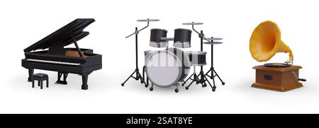 Realistische Musikinstrumente und -Spieler. Grand Piano, Schlagzeug, Grammophon. Klassische, Vintage- und Popmusik. Verschiedene Musikstile. Isolierte Vektordarstellung. Realistische Musikinstrumente und -Spieler. Grand Piano, Schlagzeug, Grammophon Stock Vektor