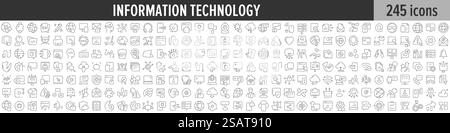 Lineare Symbolsammlung für Informationstechnologie. Große Auswahl an 245 Symbolen für die Informationstechnologie. Sammlung dünner Linien. Vektorabbildung Stock Vektor