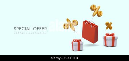 Sonderangebot. Horizontales Vektorbanner mit 3D-Illustration. Einkaufstasche aus rotem Papier, Geschenkboxen, Ballons aus Goldanteil. Werbeaktion im Geschäft. Platz für Text. Sonderangebot. Horizontales Vektorbanner mit 3D-Illustration Stock Vektor