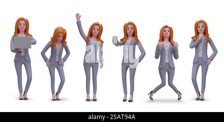 Eine Reihe verschiedener Arbeitnehmerinnen in verschiedenen Positionen. Glückliche Geschäftsfrau in Bürokleidung, die an modernen Gadgets arbeitet. Realistische 3D-Zeichentrickfigur. Bunte Vektorillustration. Eine Reihe verschiedener Arbeitnehmerinnen in verschiedenen Positionen Stock Vektor