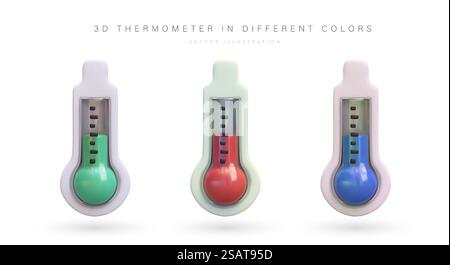 3D-Alkoholthermometer in verschiedenen Farben. Ausrüstung zur Messung der Lufttemperatur. Meteorologisches Werkzeug für den Innen- und Außenbereich. Satz von Vektorbildern mit Schatten. 3D-Alkoholthermometer in verschiedenen Farben. Ausrüstung zur Messung der Lufttemperatur Stock Vektor