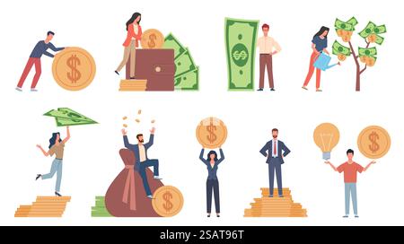 Winzige Leute mit Geld. Budgetelemente, verschiedene Posen Personen, Frau Wasser Geld Baum, Mann rollt große Münze, hält Rechnung, Millionär auf vollen Taschen, Geschäftsmann mit Bargeld, Vektor-Cartoon-Wohnung. Winzige Leute mit Geld. Budget-Elemente, verschiedene Posen Personen, Frau Wasser Geld Baum, Mann rollt große Münze, hält Rechnung, Millionär auf vollen Taschen, Geschäftsmann mit Bargeld, Vektorset Stock Vektor