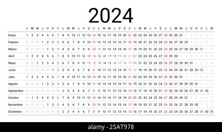 Spanischer Kalender 2024. Linearer Planer für das Jahr. Vorlage für horizontalen Jahreskalender. Tabelle Zeitplan Raster... Spanischer Kalender für 2024 Jahre. Linearer Planer. Vektorabbildung. Stock Vektor
