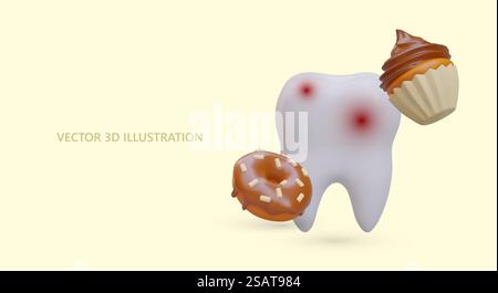 Realistischer Zahn mit Karies, Cupcake, Donut. Die Schädigung des Zahnschmelzes. Konzept für das zahnärztliche Geschäft. Erhöhte Empfindlichkeit. Vorsichtsmaßnahmen für Patienten. Farbvektorbanner. Realistischer Zahn mit Karies, Cupcake, Donut. Die Schädigung des Zahnschmelzes Stock Vektor