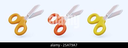 Schere mit Griffen in verschiedenen Farben. Werkzeug zum Schneiden von Papier, Karton. Schreibwaren mit scharfen Klingen. Isolierte Farbsymbole. Realistische Vektordarstellung. Schere mit Griffen in verschiedenen Farben. Werkzeug zum Schneiden von Papier, Karton Stock Vektor