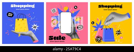 Bannerkonzept für Online-Shopping oder -Zustellung in hellen, trendigen Farben mit Collage-Händen, die Einkaufstaschen und Smartphone halten. Konzept für Verkaufsbanner. Vektorabbildung Stock Vektor