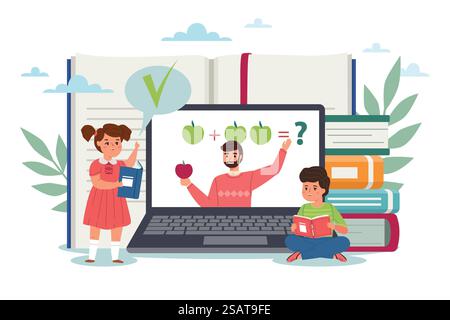 Fernunterricht, Wissenserwerb, Online-Bildung. Kinder mit Büchern und Lehrer auf Laptop-Bildschirm, Lektion und Tutorial, studieren auf Computer Vektor Cartoon flach isoliertes e-Learning Konzept. Fernunterricht, Wissenserwerb, Online-Bildung. Kinder mit Büchern und Lehrer auf Laptop-Bildschirm, Lektion und Tutorial, lernen über Computer-Vektor-Zeichentrick-Flat e-Learning-Konzept Stock Vektor
