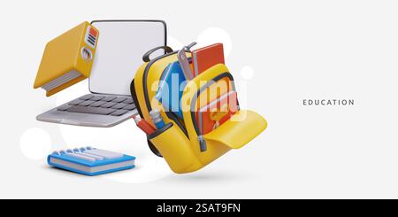 Verschiedene Elemente für die Studie. Realistischer 3D-Laptop, Rucksack mit Büchern und Bleistiften. Kit für Bildungskonzept. Bunte Vektorillustration mit Platz für Text. Verschiedene Elemente für die Studie. Realistischer 3D-Laptop, Rucksack mit Büchern und Bleistiften Stock Vektor