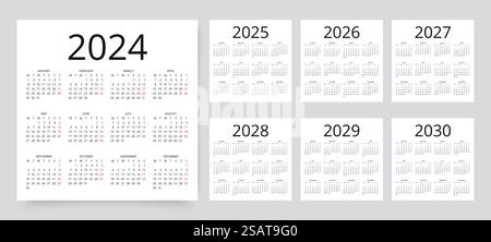 2024, 2025, 2026, 2027, 2028, 2029, 2030 Kalender. Kalendervorlagen. Die Woche beginnt Montag. Stock Vektor