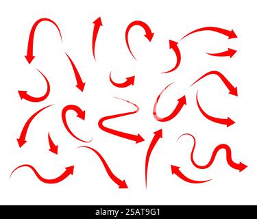 Rotes Pfeilsymbol, das eine andere Richtung anzeigt. Ein Set von Symbolen auf weißem Hintergrund für Website-Banner, Werbeanzeigen und Designelemente. Stock Vektor