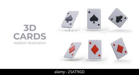 Poker spielt Karten mit Symbolen. Objekt für Brettspiele. Poster für Online-Casino-Website mit Karten. Vektorillustration im 3D-Stil mit Platz für Text. Poker spielt Karten mit Symbolen. Objekt für Brettspiele Stock Vektor