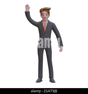 Männlicher realistischer Charakter erhob die Hand nach oben. Geschäftsmann winkt. Passen Sie auf. Einladende Geste. Ein Mann im Anzug verabschiedet sich. Farbvektorbild. Geschäftskonzept. Männlicher realistischer Charakter erhob die Hand nach oben. Geschäftsmann winkt. Passen Sie auf Stock Vektor