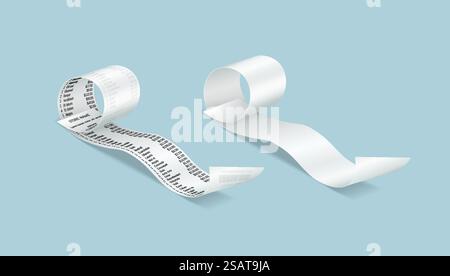 Rollenpapier überprüft realistische Vektorillustrationen. Leere und ausgefüllte Supermarktrechnungen. Käuferliste für 3D-Elemente auf hellblau. Rollenpapier überprüft realistische Vektorillustrationen Stock Vektor