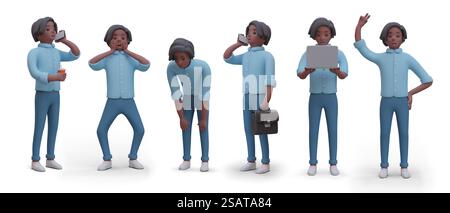 Amerikanischer Mann in verschiedenen Positionen. Löst geschäftliche Probleme, Arbeiten am Laptop, Telefonieren, Begrüßungsgesten. 3D-realistisches Modell männlicher Mitarbeiter. Vektorabbildung. Amerikanischer Mann in verschiedenen Positionen. Löst geschäftliche Probleme, wie Arbeiten auf einem Laptop, Telefonieren Stock Vektor