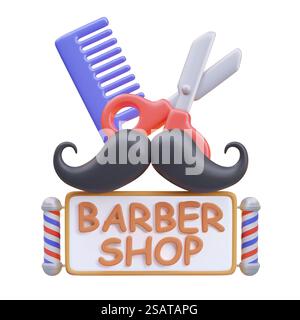 Barbershop-Konzept im Cartoon-Stil. 3D-Schnurrbart, Schere, Kamm, Schild mit Text. Barbierleuchten am Pool. Friseur für Männer. Farbiges isoliertes Bild auf weißem Hintergrund. Barbershop-Konzept im Cartoon-Stil. 3D-Schnurrbart, Schere, Kamm, Schild mit Text Stock Vektor
