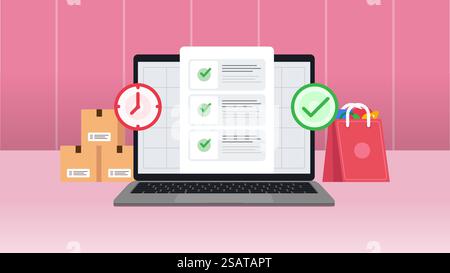 Zeitauflistung auf dem Laptop. Vektorillustration mit roter oder rosa Hintergrundfarbe. Stock Vektor