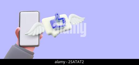 3D-Smartphone, Daumen hoch Kommentarzeichen. Das Konzept des "gefällt mir" im Boten. Virtuelle Reaktion. Mockup, Werbung für Telefon. Platz für kommerziellen Text, Logo. 3D-Smartphone, Daumen hoch Kommentarzeichen. Das Konzept des "gefällt mir" im Boten Stock Vektor
