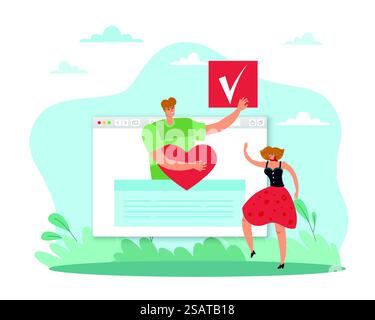 Verifizierte Identität, Genehmigungskontrolle und positiver Autorisierungsprozess. Browser- oder Social-Media-Seite mit genehmigtem Zeichen und Herz, Profilvalidierung. Mann und Frau Vektor Cartoon Flat Style Konzept. Verifizierte Identität, Genehmigungskontrolle und positiver Autorisierungsprozess. Browser- oder Social-Media-Seite mit genehmigtem Zeichen und Herz, Profilvalidierung. Vektor-Cartoon-Flat-Konzept Stock Vektor