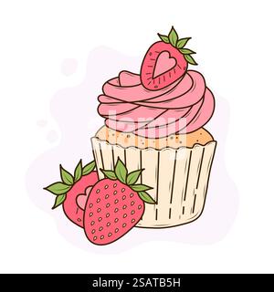 Ein Cupcake in einer beigefarbenen Verpackung mit zarter rosa Buttercreme, garniert mit frischen Erdbeeren. Zwei zusätzliche Erdbeeren, hellrot mit grünem le Stock Vektor