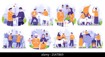 Illustrationsset von Happy Eid Al Adha Mubarak. Das muslimische Volk feiert Eid Al Adha. Vektorabbildung Stock Vektor