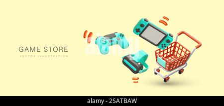 Spieleshop. Zubehör für Computerspiele, Online-Wettbewerbe. Virtuelle Unterhaltung, Videospiele, digitale Simulatoren. Neue Technologien. Horizontales Poster im Zeichentrickstil, 3D-Illustration. Spieleshop. Zubehör für Computerspiele, Online-Wettbewerbe Stock Vektor
