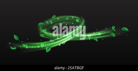 Grüne Blätter und funkelt wirbelnder Fluss des magischen Staubs realistische Vektorillustration. Mystische Naturkraft 3D-Element auf schwarzem Hintergrund. Grüne Blätter und funkelt wirbelnde Strömungsvektor-Illustration Stock Vektor