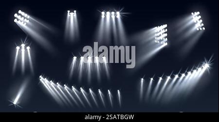 Stadion-Spotlights. Fußballfeld gerichtete Lichtquellen, realistische Suchscheinwerfer. Beleuchtete Studio- und Arena-Bühnenlampen, Projektor in verschiedenen Richtungen, Vektor isoliert auf schwarzem Hintergrund. Stadion-Spotlights. Fußballfeld gerichtete Lichtquellen, realistische Suchscheinwerfer. Beleuchtete Studio- und Arena-Bühnenlampen, Projektor in verschiedenen Richtungen, Vektor-isoliertes Set Stock Vektor
