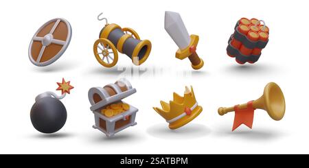 Sammlung isolierter Gaming-Bilder. Vektorfarbene Symbole. Runder 3D-Schild, Kanone auf Rädern, Schwert, Dynamit, Bombe, Brust mit Gold, Krone, Wange. Illustrationen für Spielkämpfe, Wettbewerbe. Sammlung isolierter Gaming-Bilder. Vektorfarbene Symbole Stock Vektor