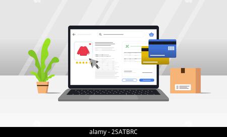 Flaches Design modernes Vektor-Illustration Konzept des Kaufs des Produkts über das Internet mit Laptop und isoliert auf farbigem stilvollem Hintergrund. Stock Vektor