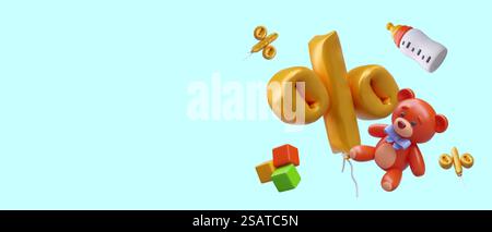 Poster mit 3D-Produkten für Kinder. Ballon Prozent, Babyflasche, lehrreiches Spielzeug und Teddybär. Online-Shopping. Vektorillustration mit blauem Hintergrund. Poster mit 3D-Produkten für Kinder. Ballon Prozent, Babyflasche, lehrreiches Spielzeug und Teddybär Stock Vektor