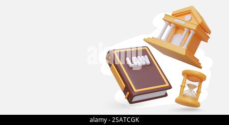 Poster mit 3D realistischem Gesetzbuch, Modell des Hofes und Sanduhren. Begriff der Justiz, Schutz der Rechte. Vertikale Vektorabbildung in gelben Farben mit Platz für Text. Poster mit 3D realistischem Gesetzbuch, Modell des Hofes und Sanduhren Stock Vektor