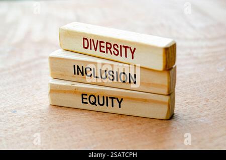 Seitenansicht von Text für Vielfalt, Inklusion und Eigenkapital auf Holzblöcken. Neues Konzept der Unternehmenskultur. Stockfoto