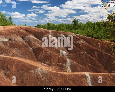 Cheltenham Badlands Ontario Kanada im Sommer landschaftlich reizvoll. Marsähnliche Landschaft, geformt aus rot-grau erodiertem Ton Stockfoto