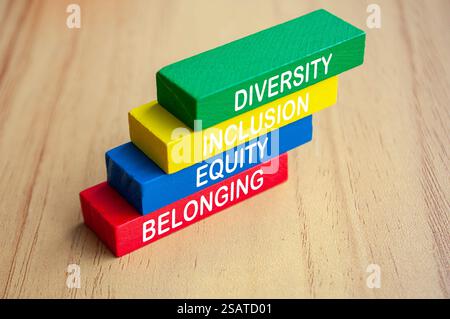 Diversität, Inklusion, Gerechtigkeit und zugehöriger Text auf mehrfarbigen Holzblöcken. D- und I-Konzept. Stockfoto