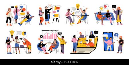 Teamarbeitsszenen. Kreative Menschen, talentierte Jugendliche bei der Arbeit, helle lustige Jungs und Mädchen im Büro, gemeinsames Brainstorming, Kommunikation und Zusammenarbeit, aufgeräumte Vektor-Cartoon-Flat-Style isoliert modernes Set. Teamarbeitsszenen. Kreative Menschen, talentierte Jugendliche bei der Arbeit, lustige Jungs und Mädchen im Büro, gemeinsames Brainstorming, Kommunikation und Zusammenarbeit, aufgeräumtes Vektor-Comic-Set im flachen Stil Stock Vektor