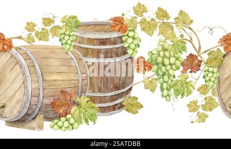 Muster alter Holzfässer und Weinrebe. Nahtloser Aquarellrahmen mit Fässern für Saftgärung und grüne Traubenbeeren. Illustration für das Design von Weingütern, Brennereien und Weinproduktion. Stockfoto