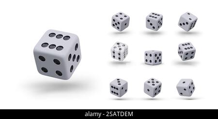 Satz von Vektorrealistischen Spielwürfeln in verschiedenen Positionen. Isolierte Illustrationen mit Reflexionen und Schatten. Elemente für Vektorkombinationen. Alle Spielgesichter. Satz von Vektorrealistischen Spielwürfeln in verschiedenen Positionen Stock Vektor