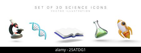 Satz von 3D-Wissenschaftssymbolen auf weißem Hintergrund. Isoliertes Farbbild mit Schatten. Realistisches Mikroskop, DNA-Doppelhelix, offenes Buch, Becher, Rakete. Illustrationen für Webdesign. Satz von 3D-Wissenschaftssymbolen auf weißem Hintergrund. Isoliertes Farbbild mit Schatten Stock Vektor
