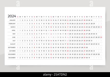 Kalenderjahr 2024. Vorlage für linearen Planer. Horizontaler Jahreskalender. Layout des jährlichen Zeitplans... 2024Kalenderraster. Vorlage für linearen Planer. Vektorabbildung. Stock Vektor