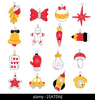 Weihnachtsbaumspielzeug. Verschiedene dekorative Silvester-Elemente, weihnachtliche Schmuckstücke, festliche Accessoires, süße Weihnachtsgegenstände, Doodle-Style-Ball, Bogen und Glocke, Rakete und Stern Swanky Vektor Set. Weihnachtsbaumspielzeug. Verschiedene dekorative Silvester-Elemente, weihnachtliche Schmuckstücke, festliche Accessoires, süße Weihnachtsgegenstände, Doodle-Style-Ball, Bogen und Glocke, schickes Vektorset Stock Vektor
