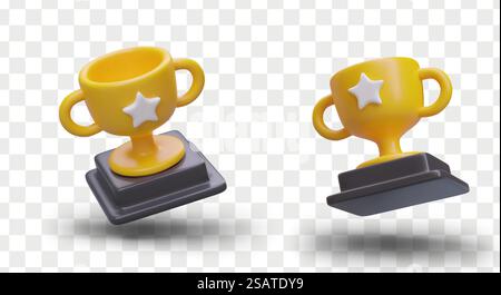 Set mit Siegerbechern. Goldene Trophäenschale auf dem Stand. Preis, Preis, Symbol des Führers. Sieg im Wettbewerb. Isoliertes Vektorbild. Symbole für Spiel, Website, Anwendung. Set mit Siegerbechern. Goldene Trophäenschale auf dem Stand. Preis, Preis, Symbol des Führers Stock Vektor