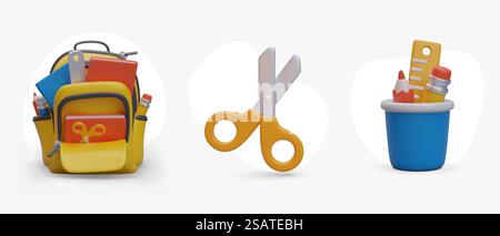 Schulzubehör, 3D-Symbolsatz. Offener gelber Rucksack mit Schreibwaren, Schere, Stifthalter. Vektorobjekte mit Schatten. Zurück zur Schule. Illustrationen für Webdesign. Schulzubehör, 3D-Symbolsatz. Offener gelber Rucksack mit Schreibwaren, Schere, Stifthalter Stock Vektor