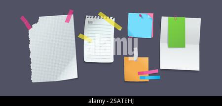 Notizpapier mit Klebeband realistische Vektor-Illustration Set. Meldungen auf verschiedenen Pads 3D-Modellen auf grauem Hintergrund. Hinweise auf der Pinnwand. Notizpapiere mit Bändern realistische Vektorillustrationen Stock Vektor