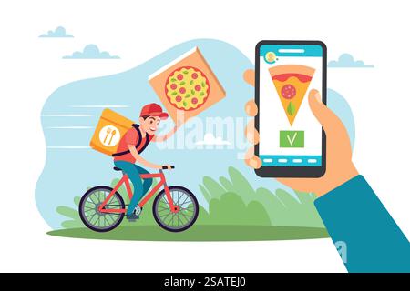 Lieferung von Lebensmitteln zu Hause, Online-App für mobile Bestellungen, Gastronomie. Junge auf Fahrrad schneller Kurier, Express-Lebensmittelversand, Handheld-Smartphone. Vektor-Cartoon flache Art isoliertes Konzept. Lieferung von Lebensmitteln zu Hause, Online-App für mobile Bestellungen, Gastronomie. Junge auf Fahrrad schneller Kurier, Express-Lebensmittelversand, Handheld-Smartphone. Vektor-Cartoon-Flat-Konzept Stock Vektor